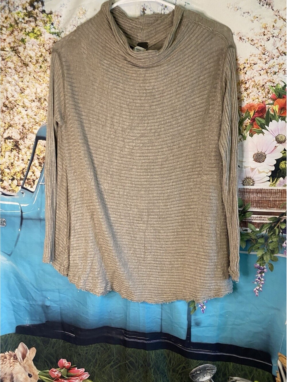 We The Free People Beige Lovers Ribbed Mock Neck Cut Out Back Thermal Sweater XS